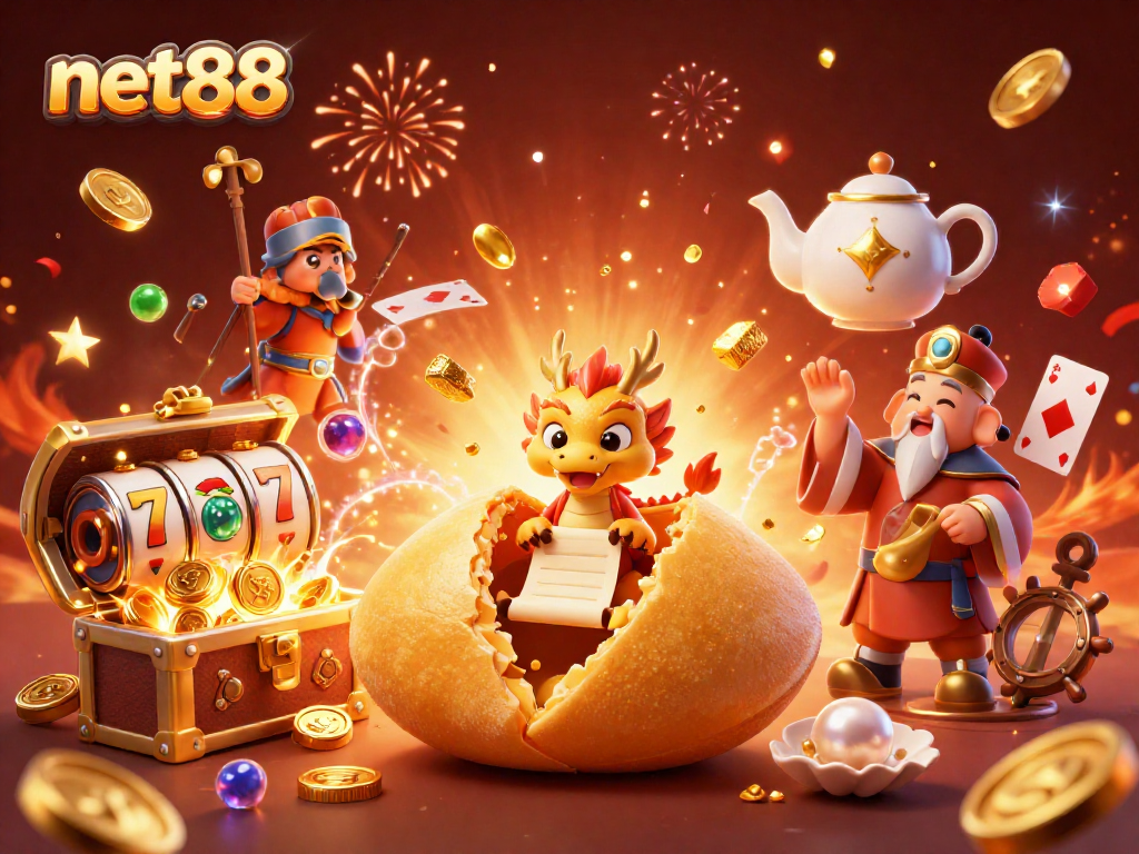 Experience wins at net88 with an energetic scene of fortune cookies, slot reels, and festive elements