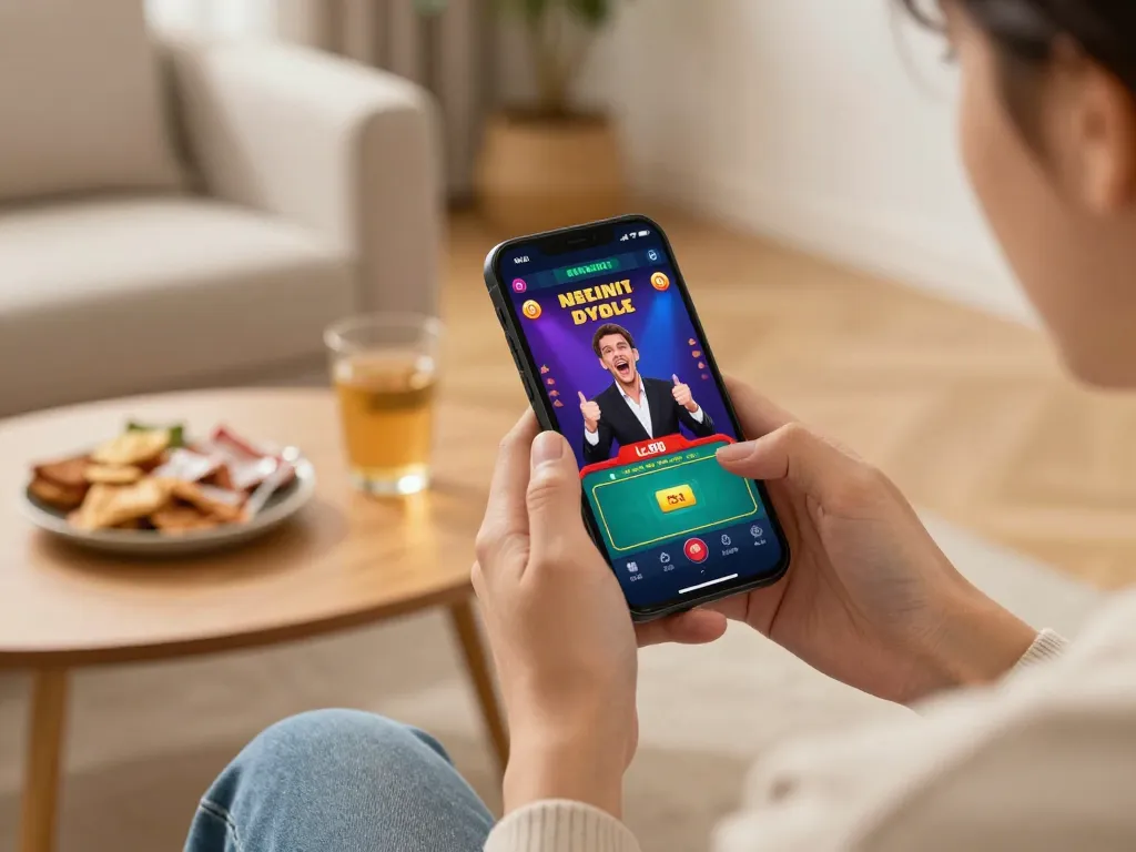 Using the app lc88 to play a live dealer game in a cozy home environment, showcasing responsible gambling.