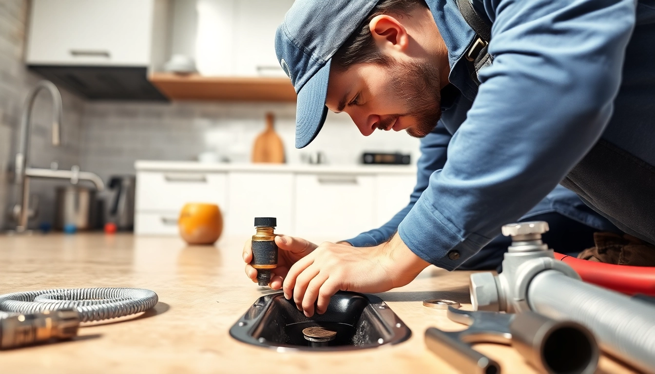 Toronto drain services by a professional plumber fixing a leak in a modern kitchen.