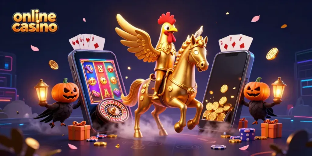 Experience the excitement of an online casino featuring a golden rooster in a dynamic midnight scene.