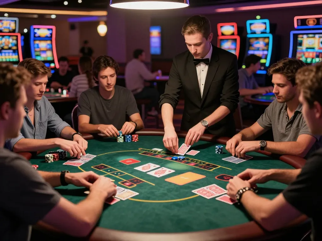 fly88 poker players strategizing their hands at a bustling casino table