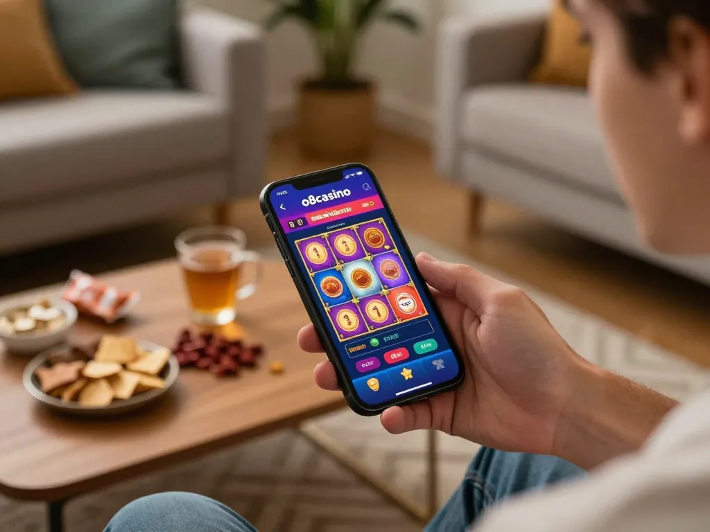 Player engaged with o8casino app for online gambling in a cozy home setting, showcasing excitement.
