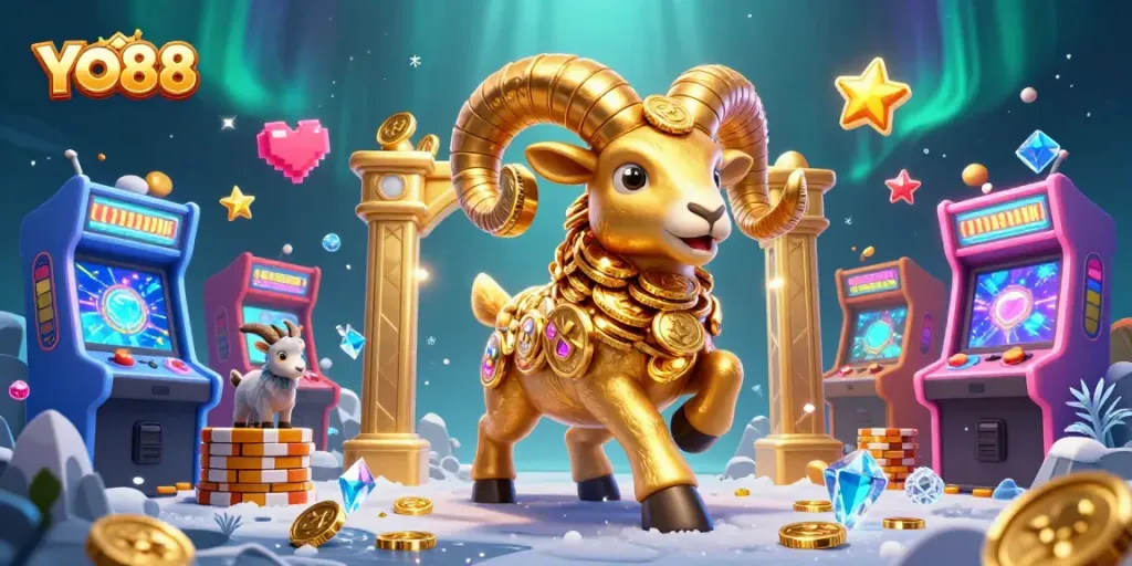 Experience YO88 as a golden ram charges through a vibrant casino world filled with gaming elements.