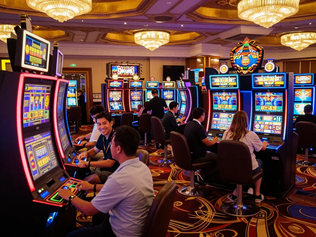 Players enjoying vibrant slot machines at the vin88 casino, witnessing an exciting gaming atmosphere.