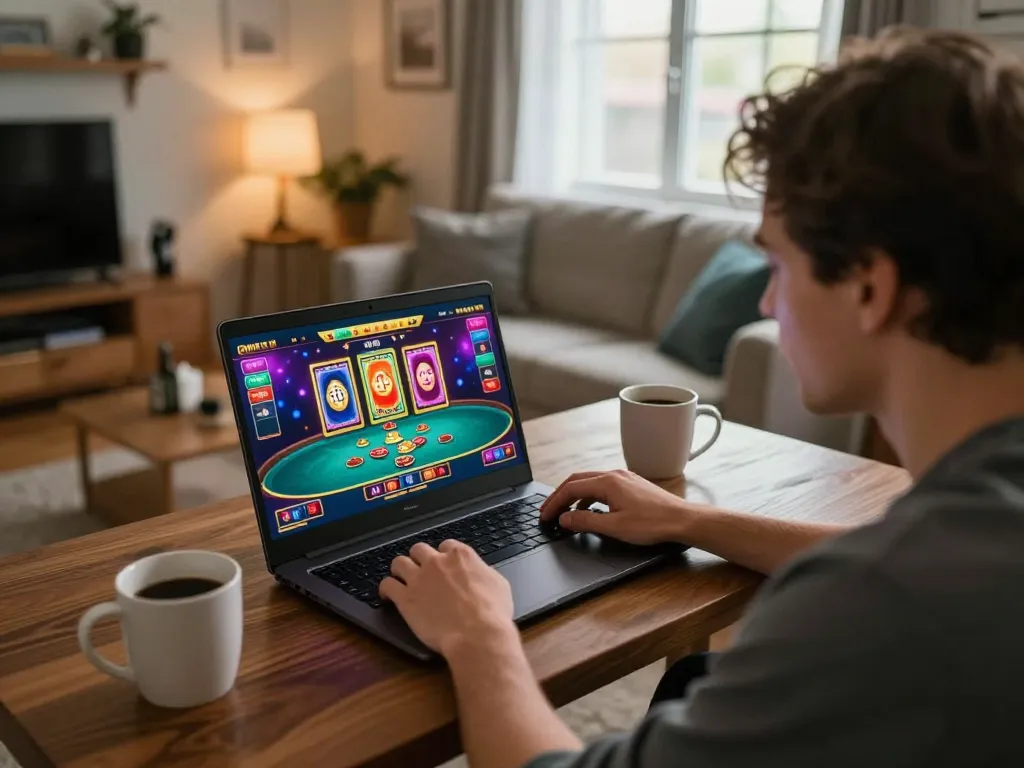 Player enjoying online casino games on Lu88 laptop in a cozy home setting