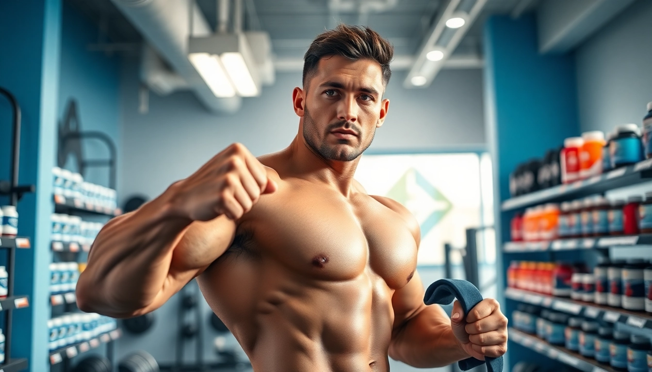 Bodybuilder demonstrating the benefits of Canadian anabolics in a vibrant gym.