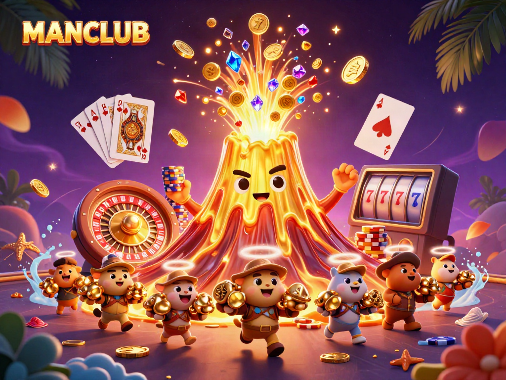 Experience the thrilling excitement of MANCLUB with a golden volcano erupting treasures and casino games.