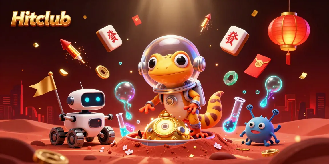 Hitclub showcases an exciting casino discovery with a Martian gecko and robot in a colorful scene.