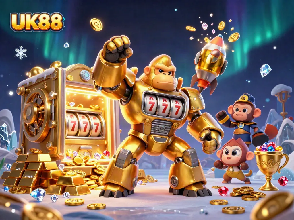 Experience UK88 with a dynamic 3D illustration showcasing a golden gorilla mech amidst sparkling casino riches.