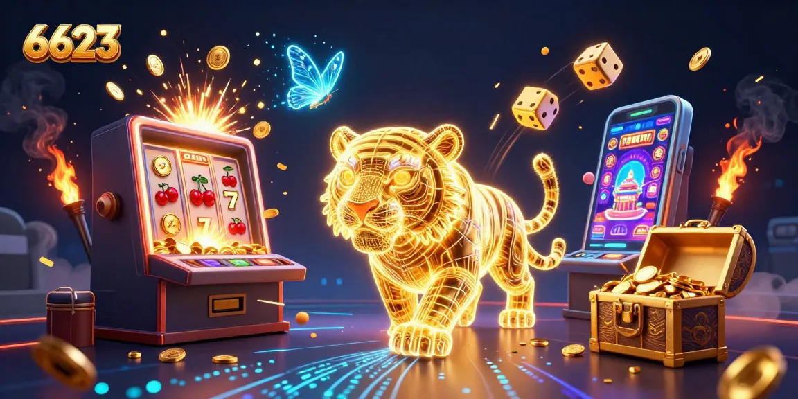 Experience thrilling gameplay at 6623 with a dynamic digital casino landscape featuring vibrant slot machines and golden treasures.