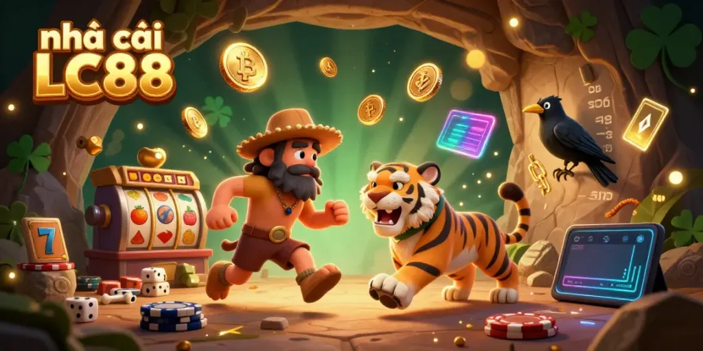 Experience thrilling gameplay at nhà cái LC88 with vibrant characters in a prehistoric casino setting.