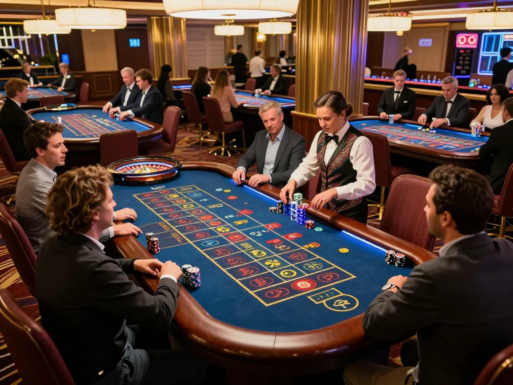 Engaged players at a roulette table betting in a vibrant casino scene, showcasing Da88's lively gambling atmosphere