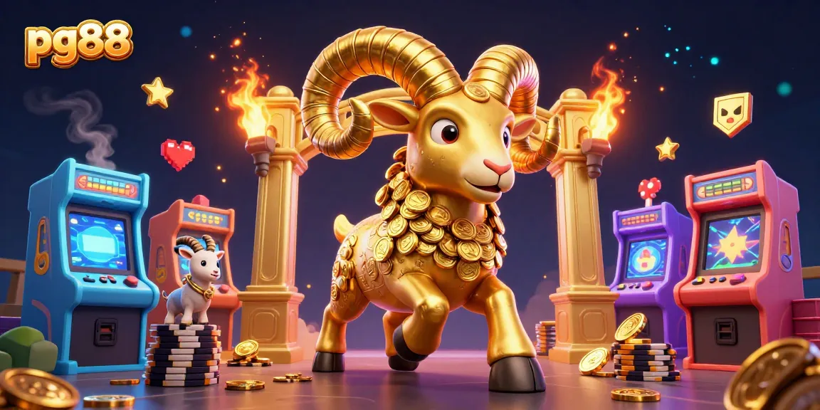 Experience the excitement of pg88 with a golden ram charging through a casino landscape, showcasing vibrant gaming elements.