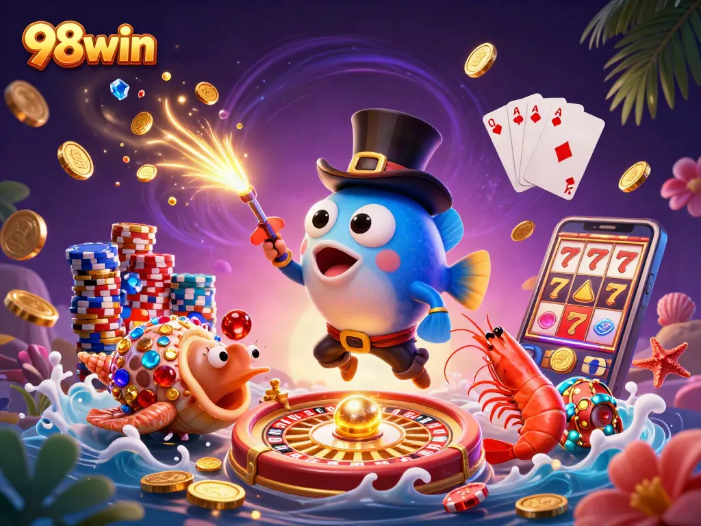 Win big at 98win with this vibrant casino scene featuring glowing coins and lively characters.