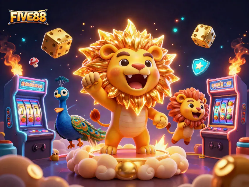 Engage with FIVE88's thrilling casino experience showcasing slot machines and vibrant game elements.