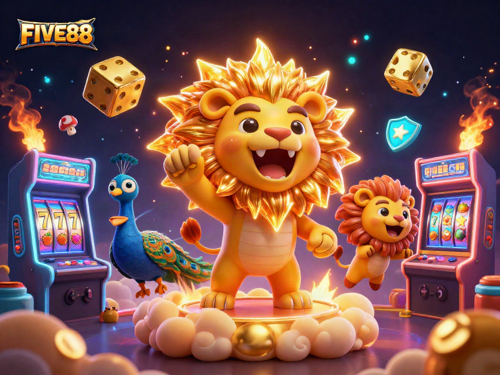Engage with FIVE88's thrilling casino experience showcasing slot machines and vibrant game elements.
