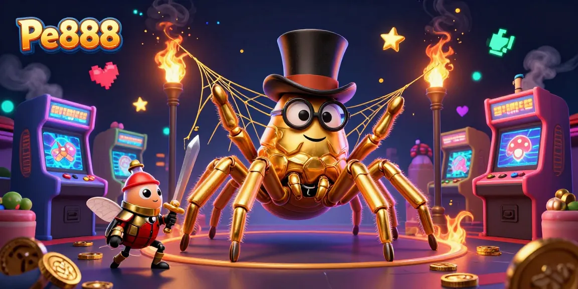 Experience the excitement of Pe888 with a golden tarantula and gaming elements in this vibrant casino-themed illustration.