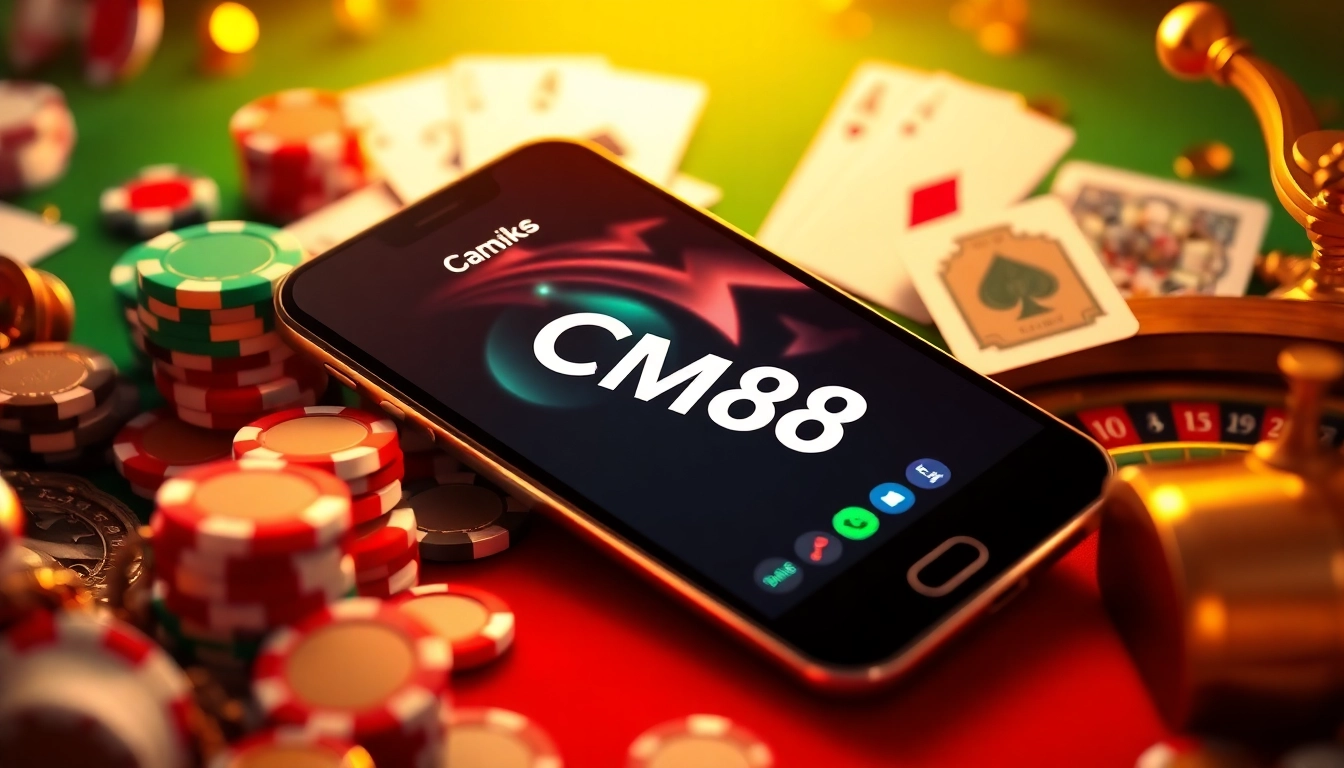 Experience cm88 tải app with a modern smartphone amid vibrant casino visuals and exciting gambling elements.