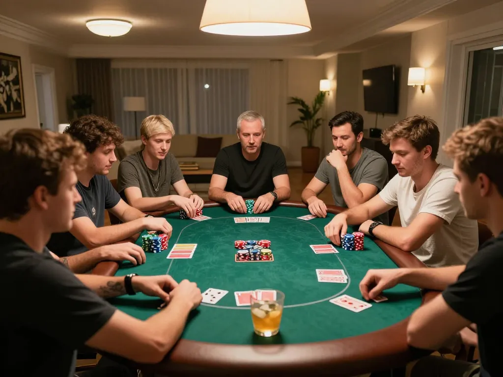 MISO88 poker night in a cozy home with players around a vibrant table, showcasing excitement and strategy.