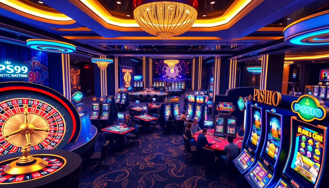 Experience the excitement of PS99 through vibrant casino visuals featuring roulette, poker, and slots.