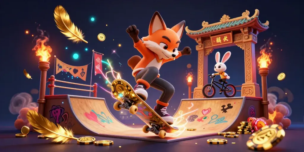 Experience thrilling action in Jw88 casino fantasy featuring skateboarder fox and BMX rabbit.