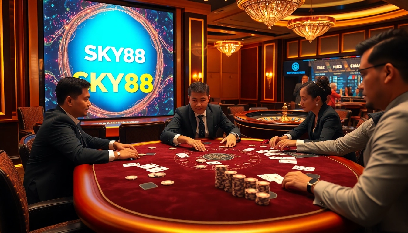 Players actively engage in a thrilling poker game at SKY88 casino, showcasing luxury and excitement.