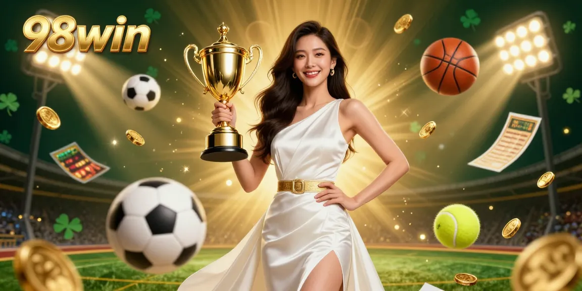 98win showcases a victorious Asian woman holding a golden trophy amidst dynamic sports betting elements.