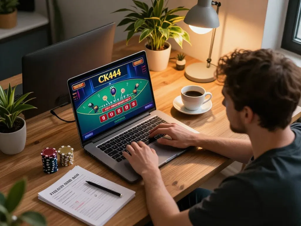 CK444 player engaged in online casino gaming using laptop at home, featuring live dealer blackjack and gaming strategy notes.