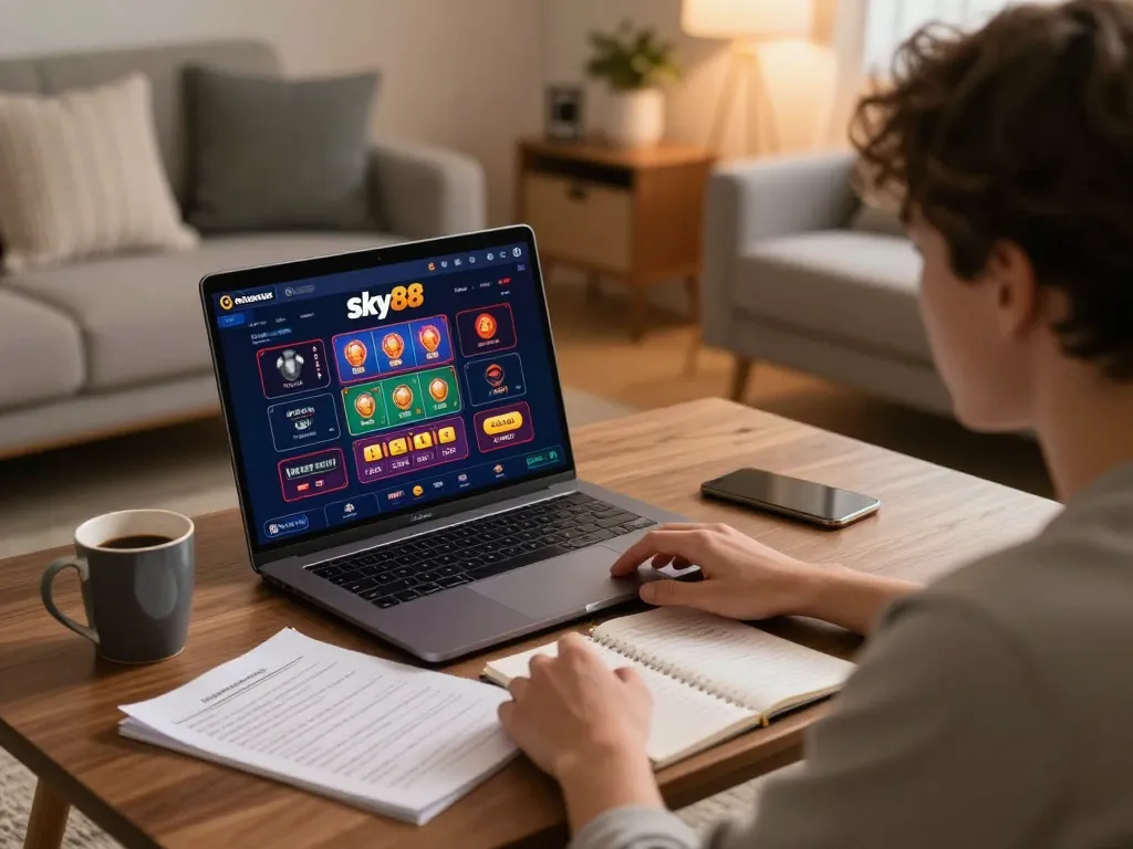Sky88 player engaged in responsible online gaming strategy at home