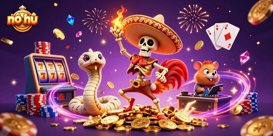 Experience nổ hũ excitement with animated characters dancing on golden coins, surrounded by vibrant casino elements.