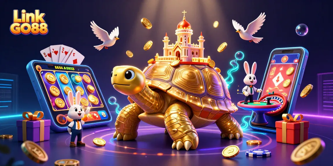 Engage with Link GO88 by exploring a vibrant casino scene featuring a golden tortoise, a rabbit dealer, and dynamic game elements.