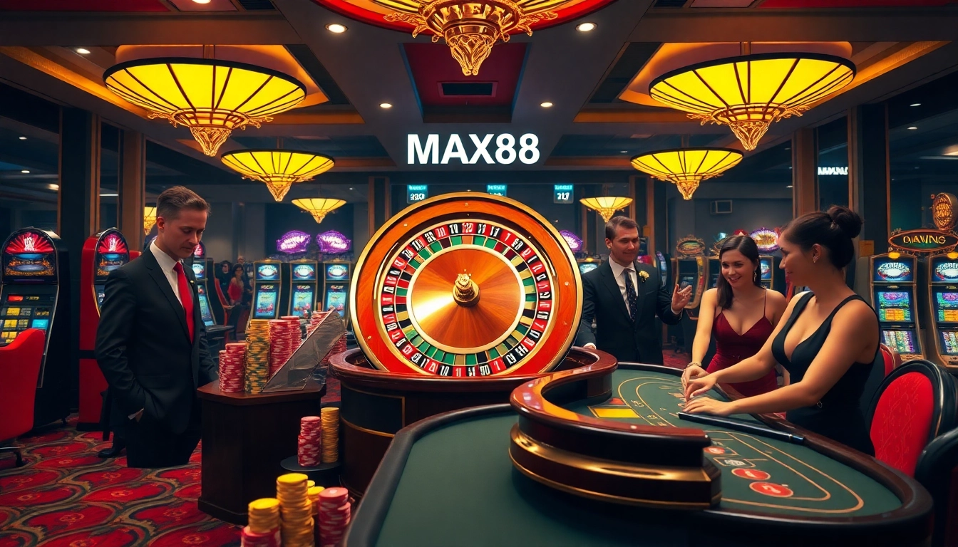MAX88 casino scene with vibrant roulette wheel, poker chips, and players in action.