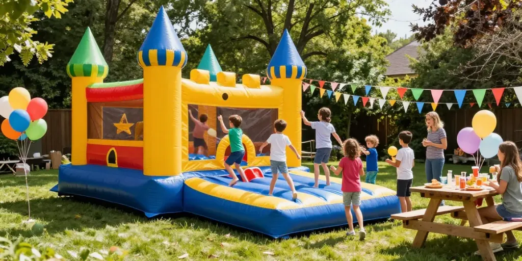 Children enjoying a bounce castle at a backyard party under the sun.