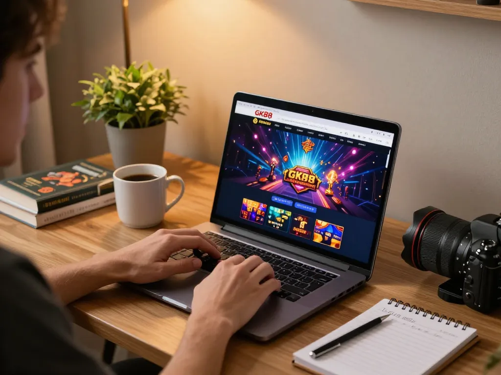 Engaging with the GK88 online casino on a laptop, showcasing immersive gameplay environment