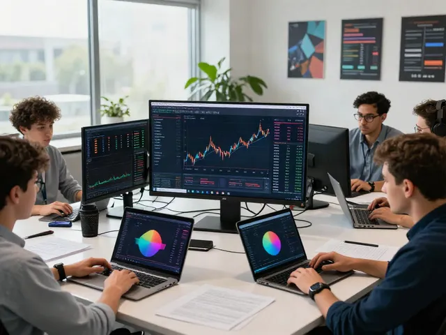 Trading team discussing strategies on quantumaiplatform.ca in a modern office environment