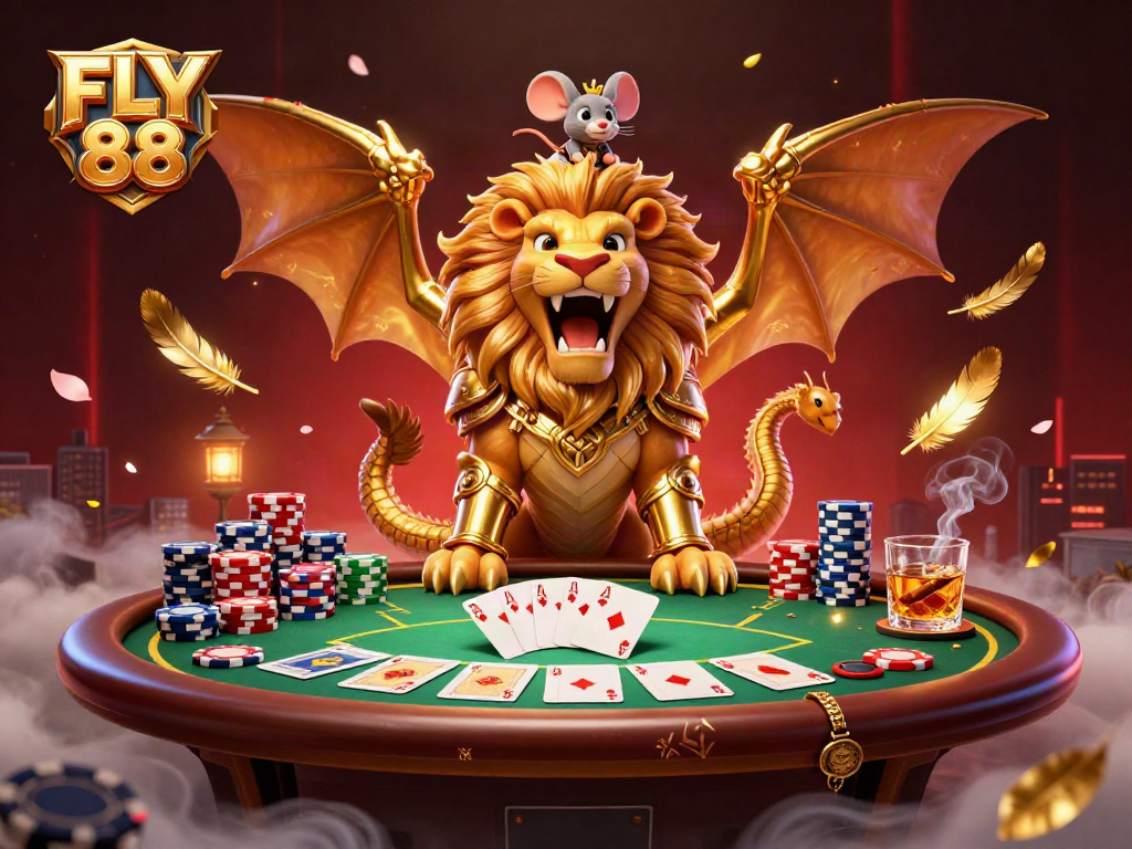 Experience thrilling moments with FLY 88 at an exciting poker table featuring a lion-dragon chimera.