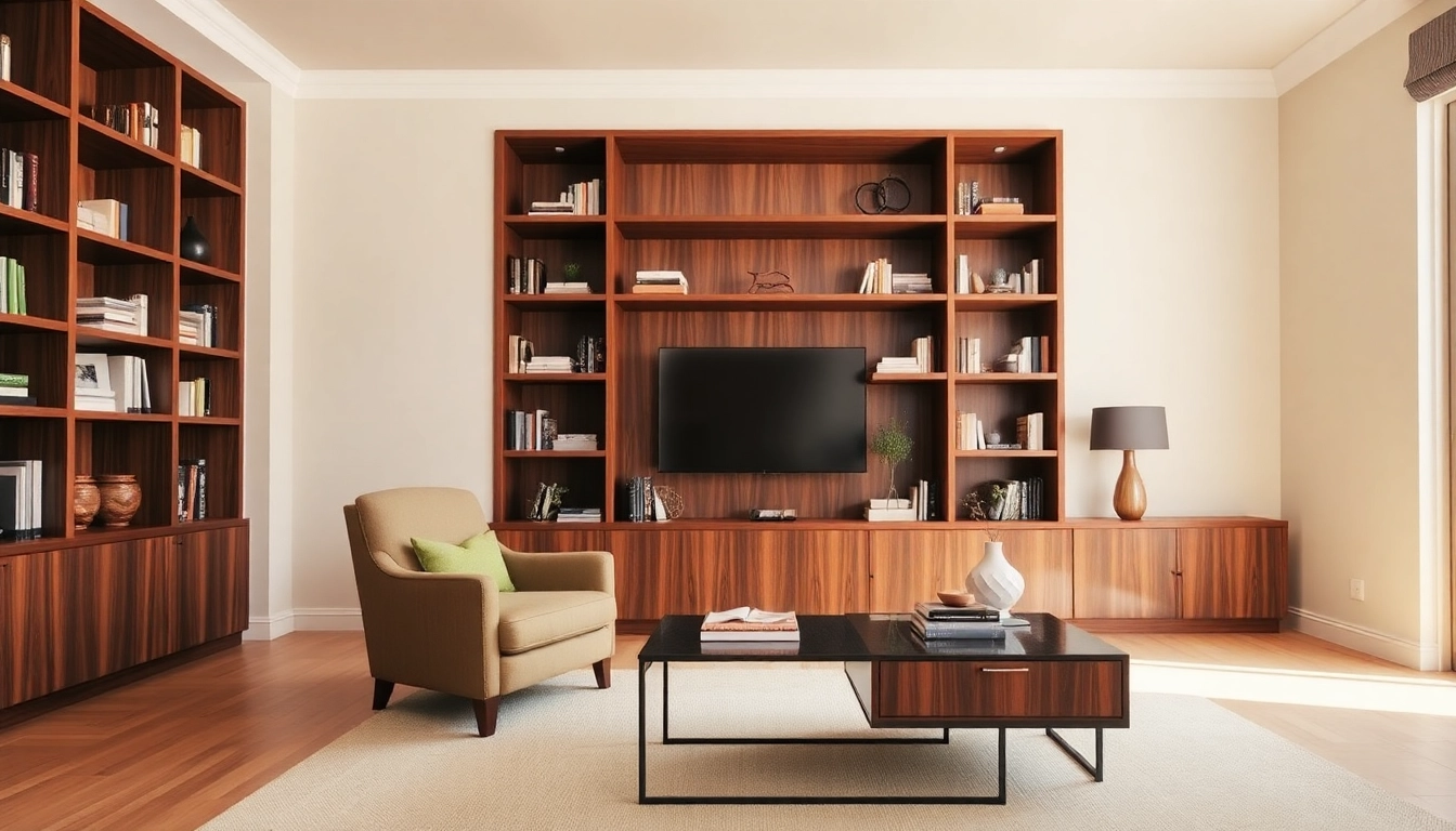 Stunning built-in shelving design by a built-in shelving contractor westchester with custom woodwork in a modern living room.