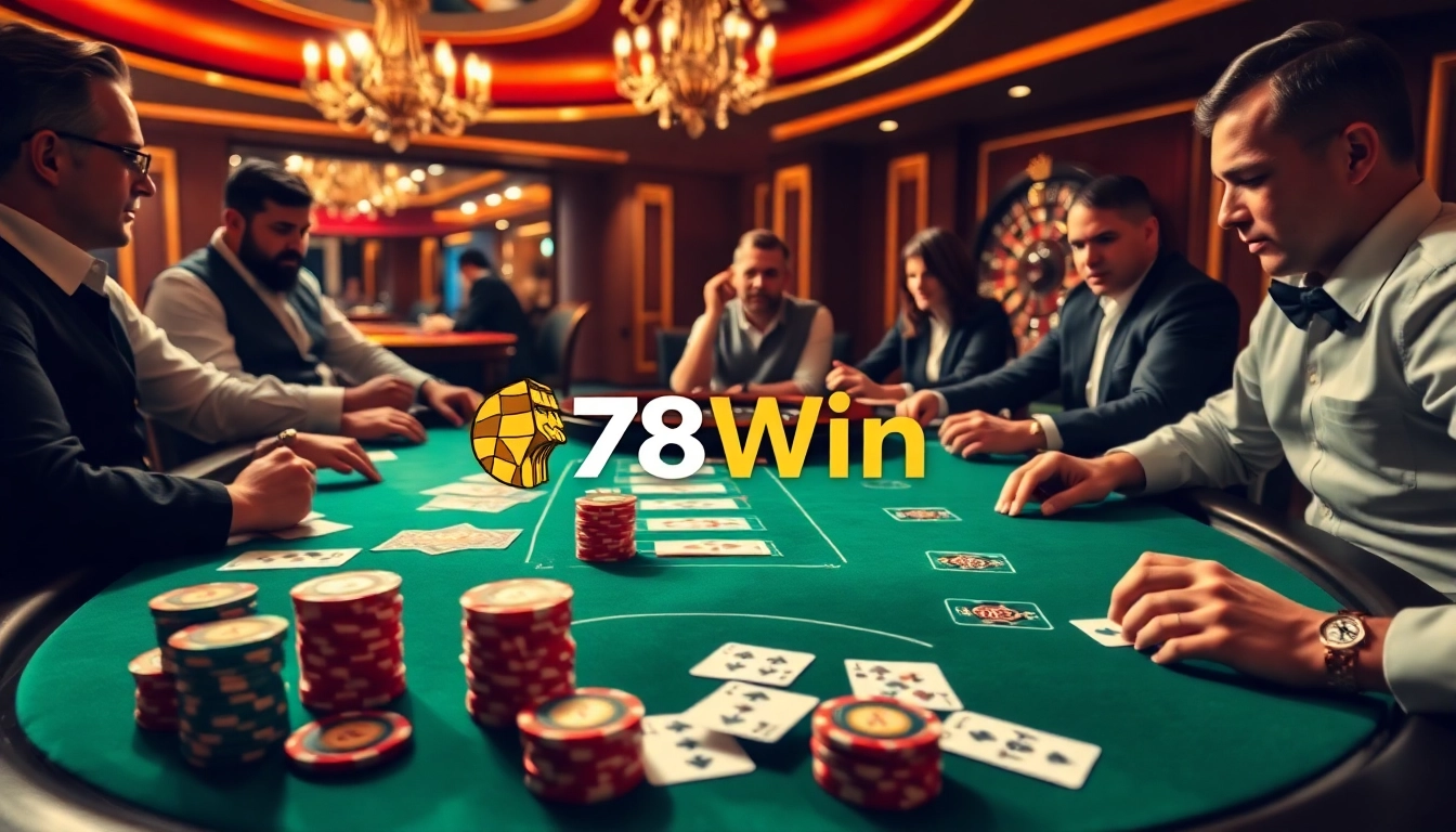 Players strategically betting at a vibrant 78Win poker table with colorful chips and cards.
