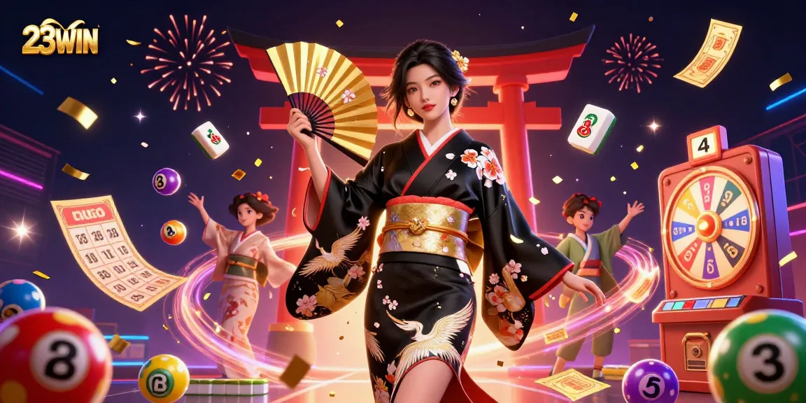 Experience the excitement at 23WIN with an elegant Asian woman promoting vibrant lottery and casino games.