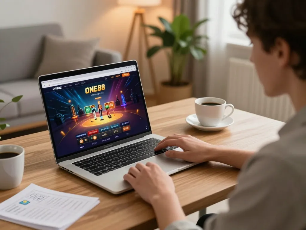 Engaging in gameplay on the ONE88 platform at home, showcasing a cozy gaming setup
