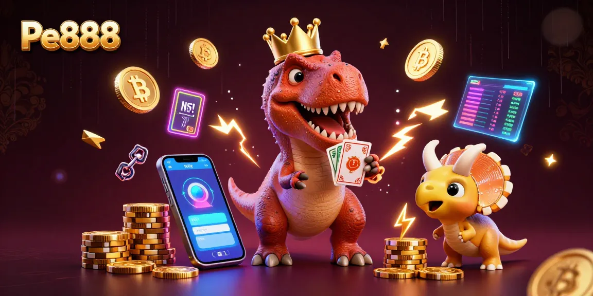 Pe888 showcases fun with a T-Rex and friends enjoying casino games and crypto delights.
