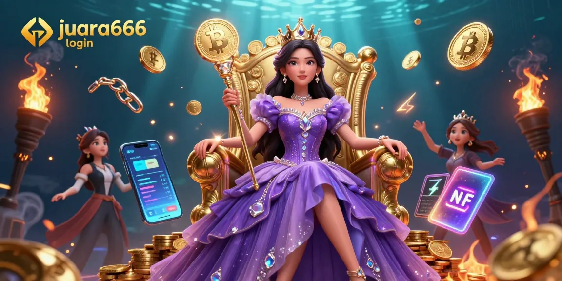 Rasakan kegembiraan dengan login juara666 dan terjun ke dunia kasino online yang penuh warna dengan koin emas dan elemen kripto.
