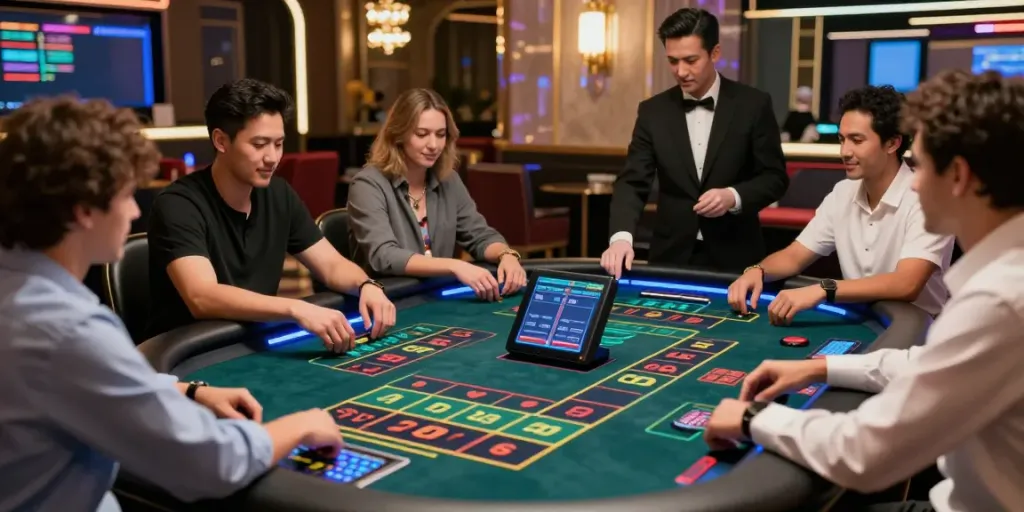 Live casino gaming at FC88, showcasing a roulette table with energetic players in a vibrant setting.