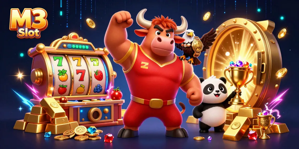 M3 Slot showcases a celebration scene with a muscular bull, eagle, and panda amidst vibrant gaming elements.