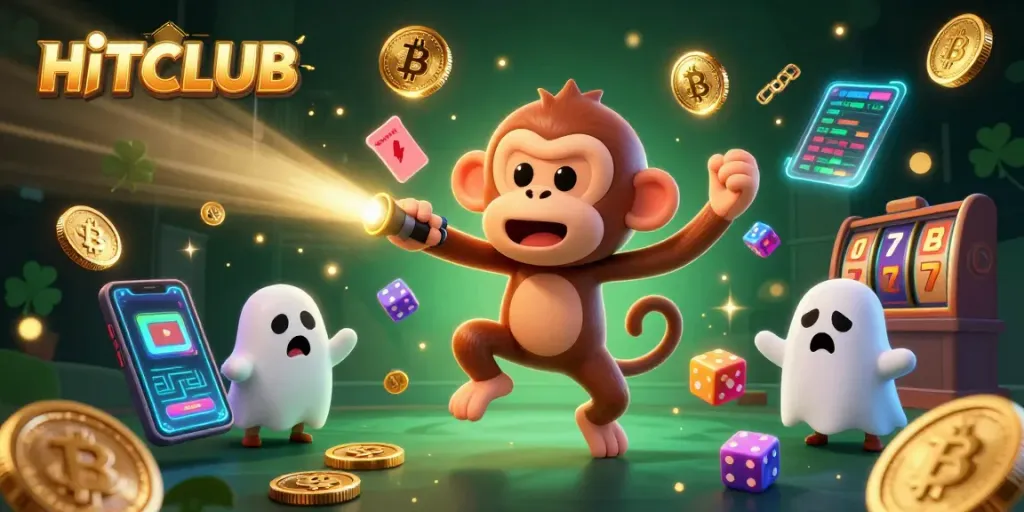 Engage in HITCLUB gambling excitement with a playful poltergeist monkey and ghost-hunter puppy in a vibrant casino