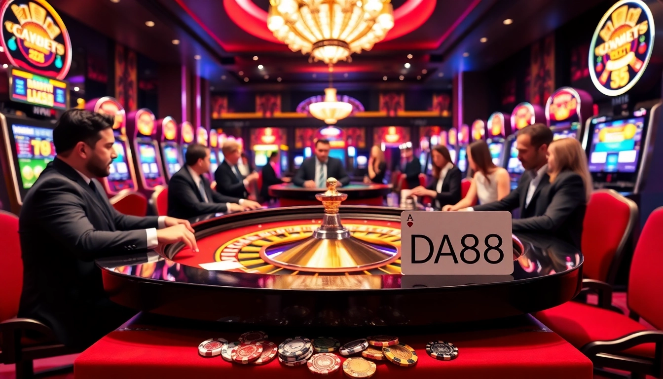Gambling enthusiasts enjoying high-stakes action at a DA88 roulette table in a luxurious casino.