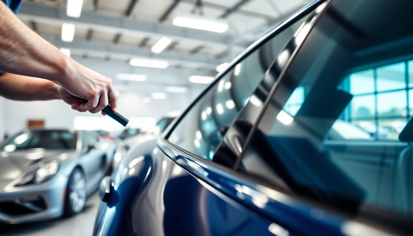 Applying auto window tint near me in a professional garage setting.