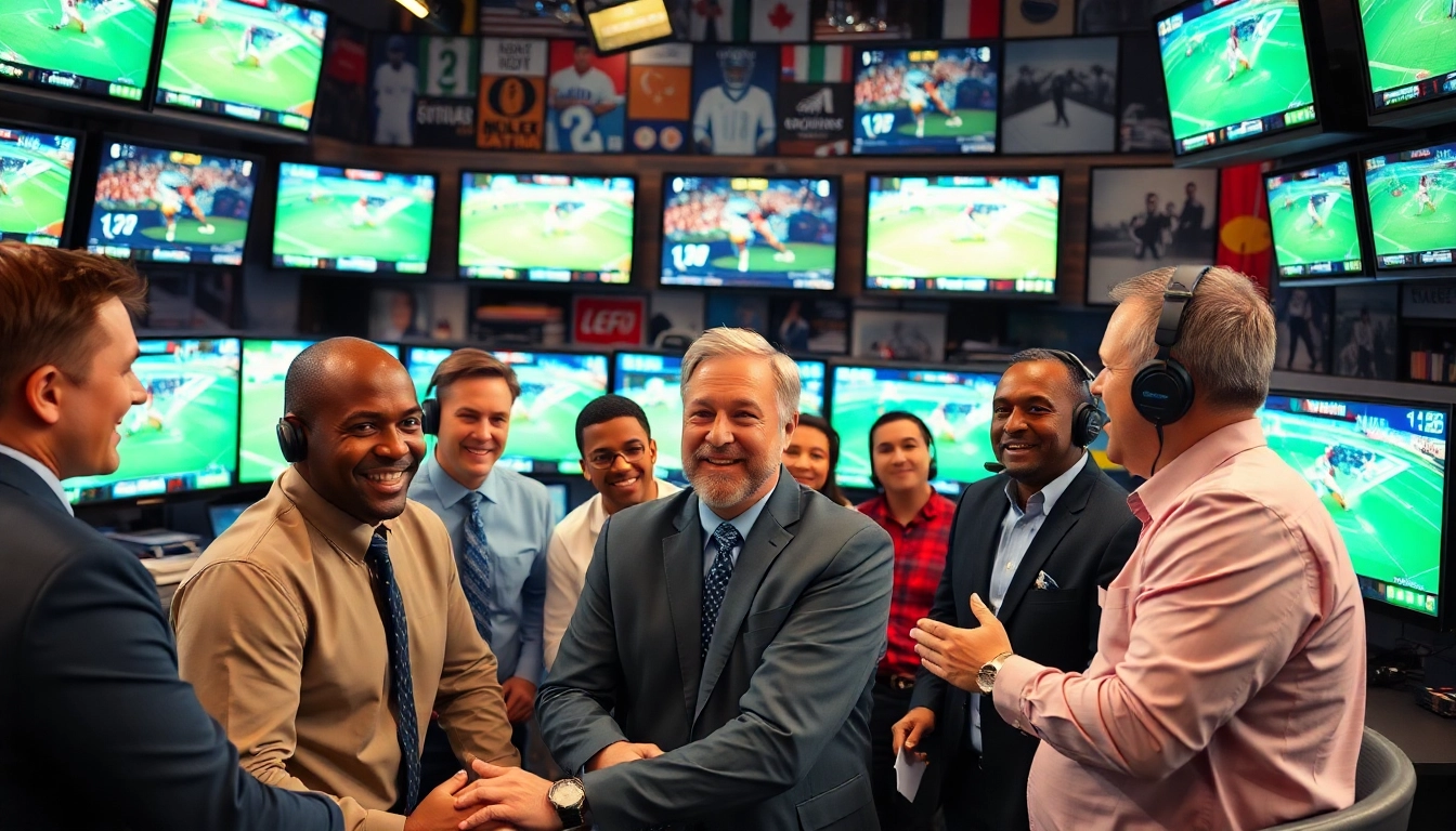 Broadcasting professionals engaging in Sports Broadcasting discussion with vibrant studio backdrop.