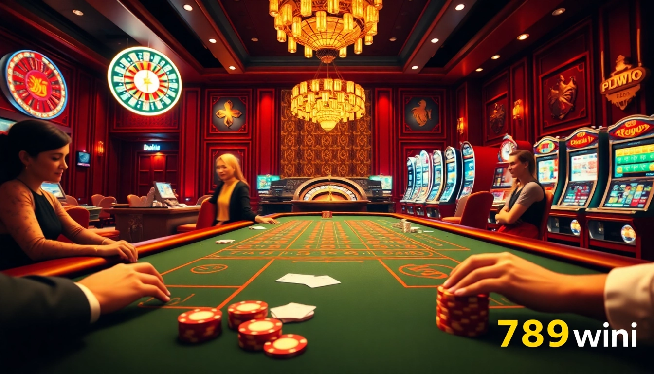 Experience the thrill of 789win as players engage at a luxurious baccarat table in a vibrant casino setting.
