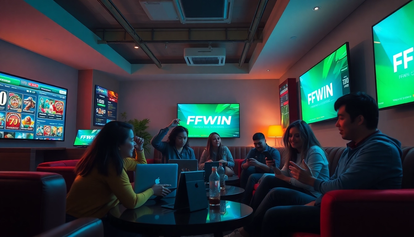 Exciting FFWIN online betting platform showcasing diverse players enjoying a modern interface in a vibrant lounge setting.